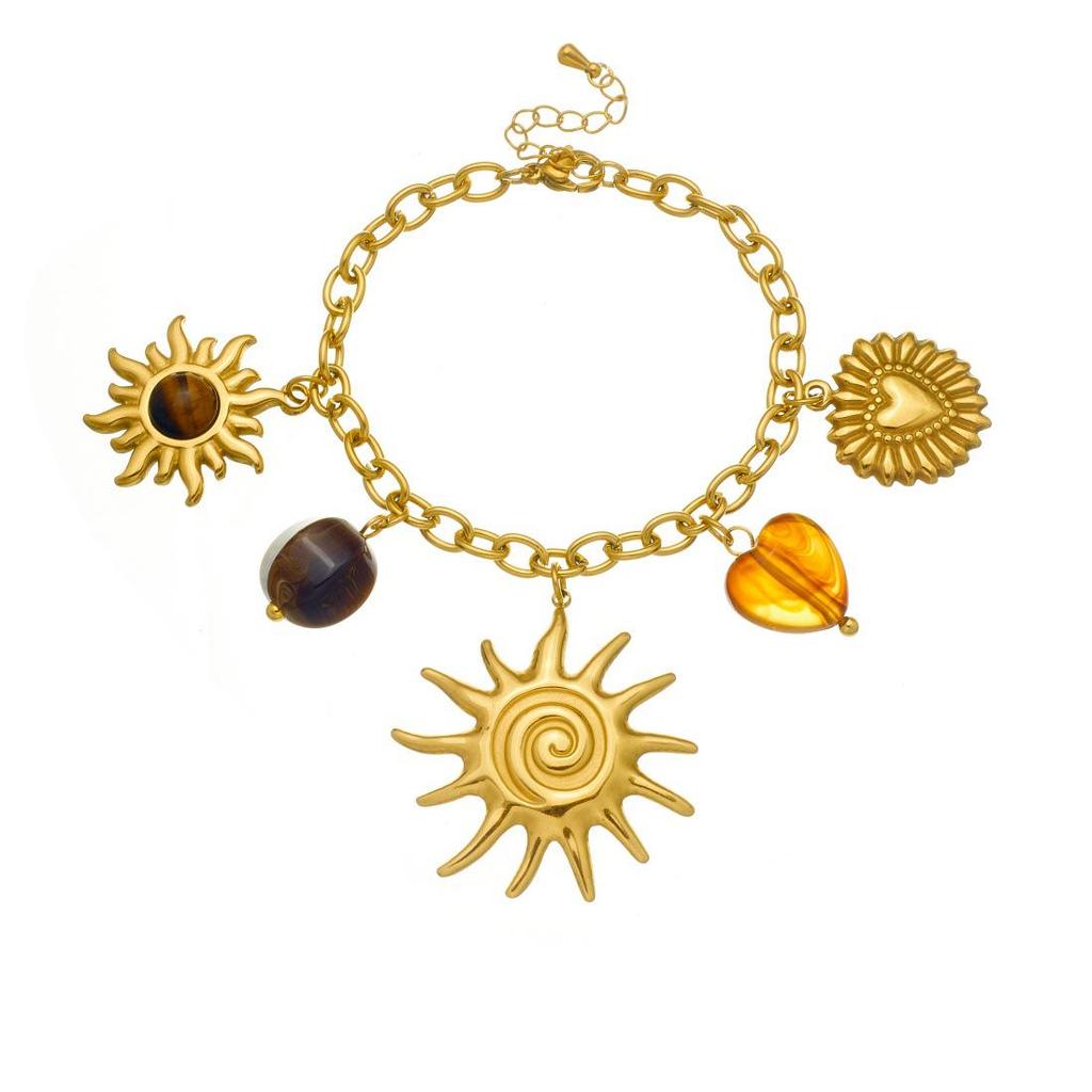 Retro Gold-Plated Sun Heart Tiger Eye Pendant Jewelry Set