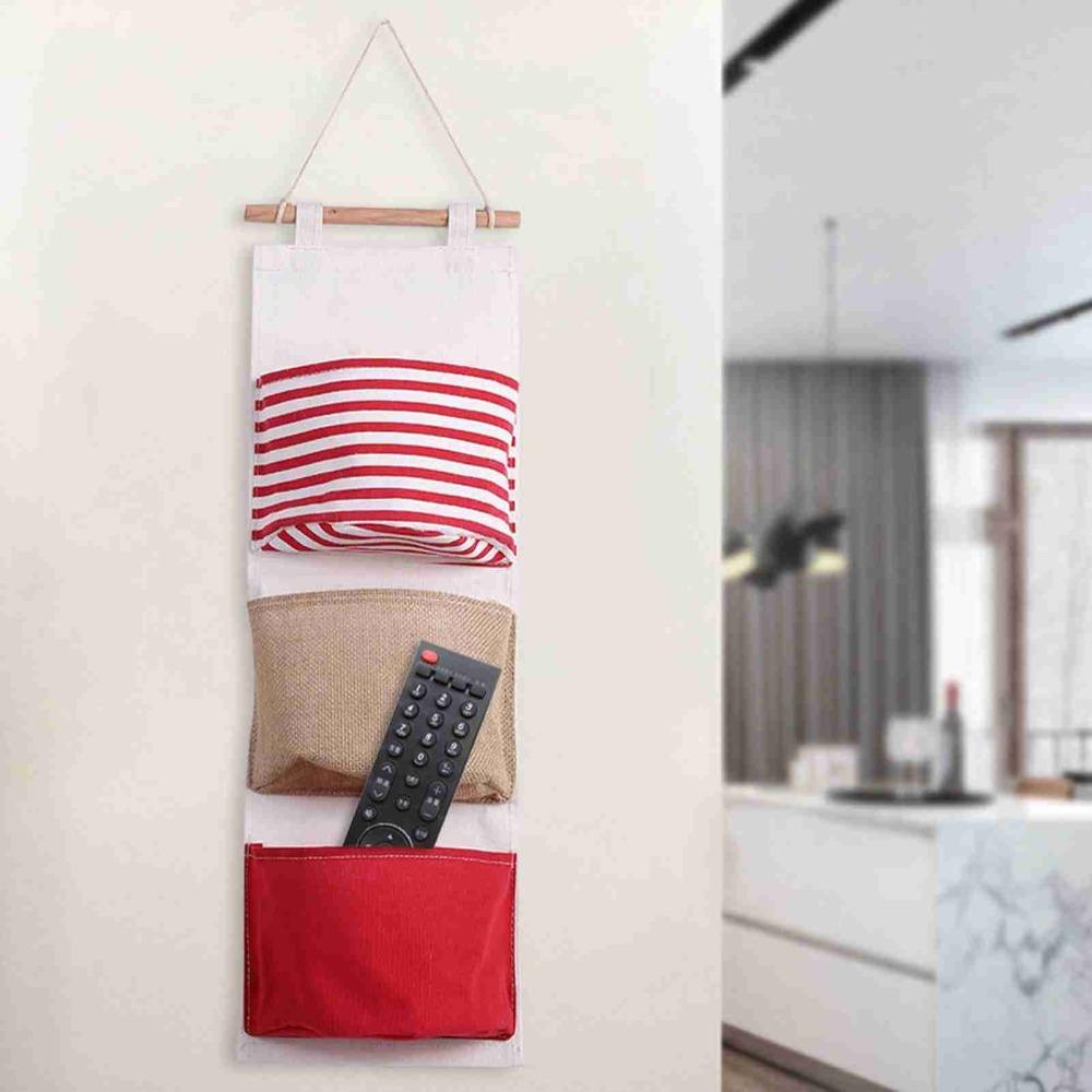 3Layer Design Hanging Storage Bag Cotton Linen Fabric Wall Pouch Storage Organizer  Door Hanging красный