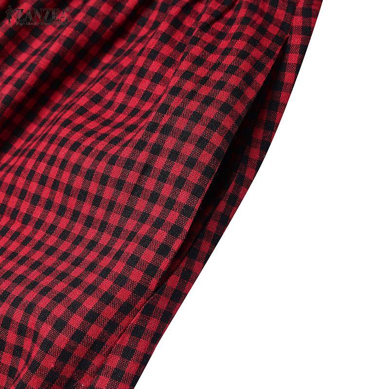 ZANZEA Women Casual Square Collar Summer Short Sleeve Grid Print Dress