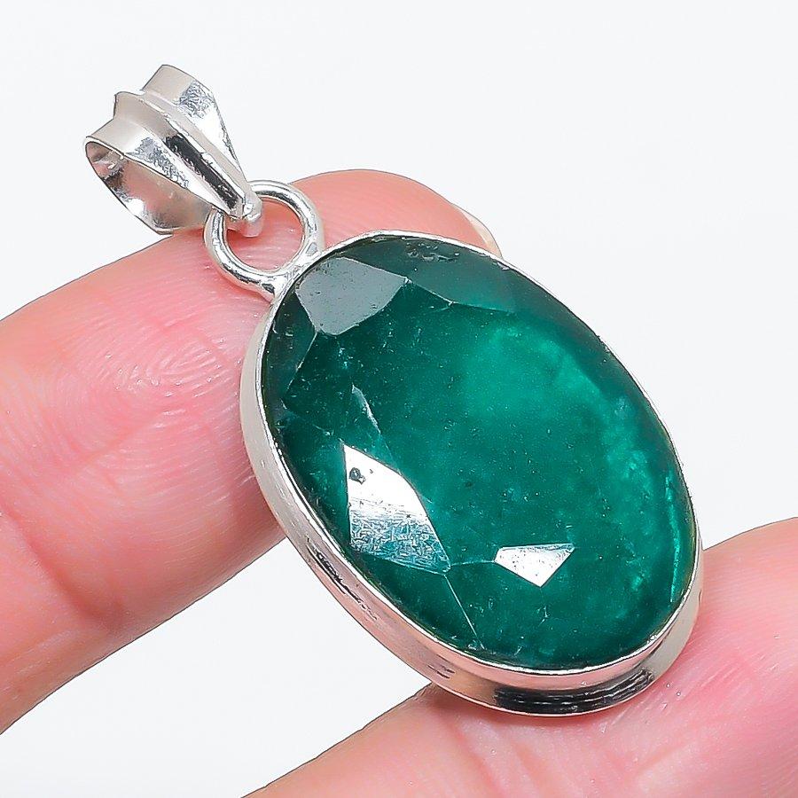 Natural Emerald(Simulated) 925 Sterling Silver Jewelry Pendant 1.69" K7I67