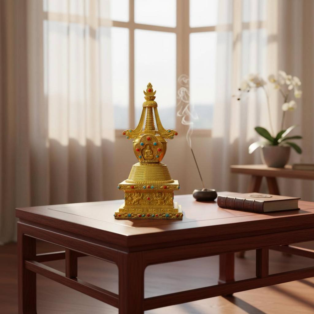 Brass Sarira Stupa Auspicious Decor Crystal Embedded Stupa Decoration Religious Item Handmade House Decoration Intricate Design