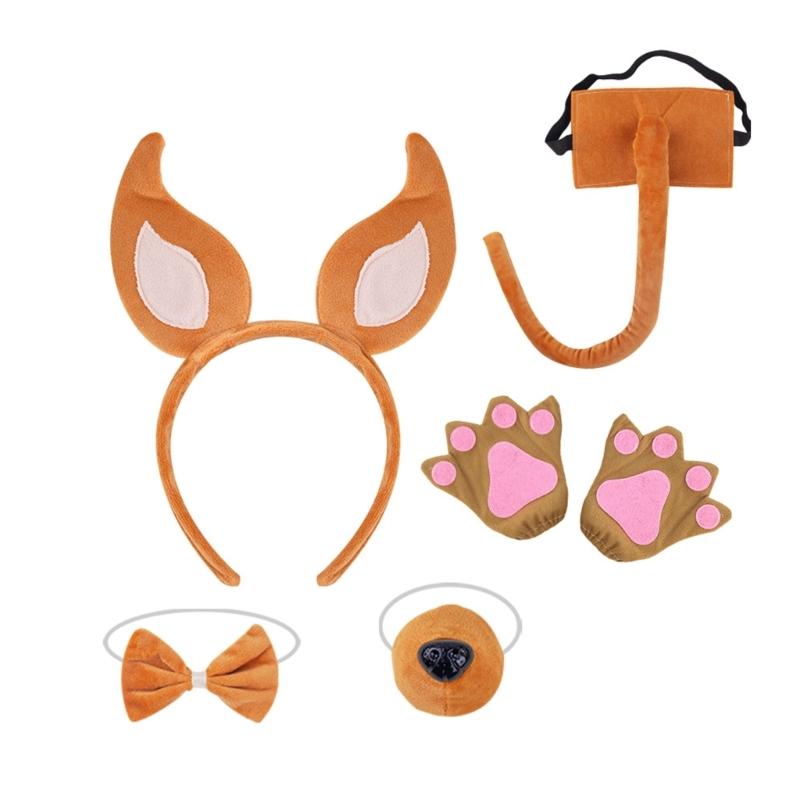 Dogs Hair Hoop Set Foxes Ears Headband Plush Tail Bowtie False Nose Animals Costume Set for Halloween Cosplay Party