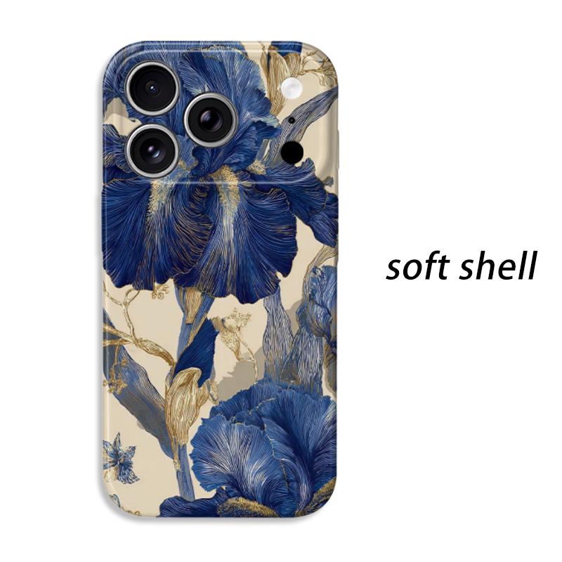 Gilded Iris Blue Gold Luxury Floral Graphic Art Film Aesthetic Protective Shockproof Bumper Phone Case Cover For iPhone 14 15 16 Pro Max Plus