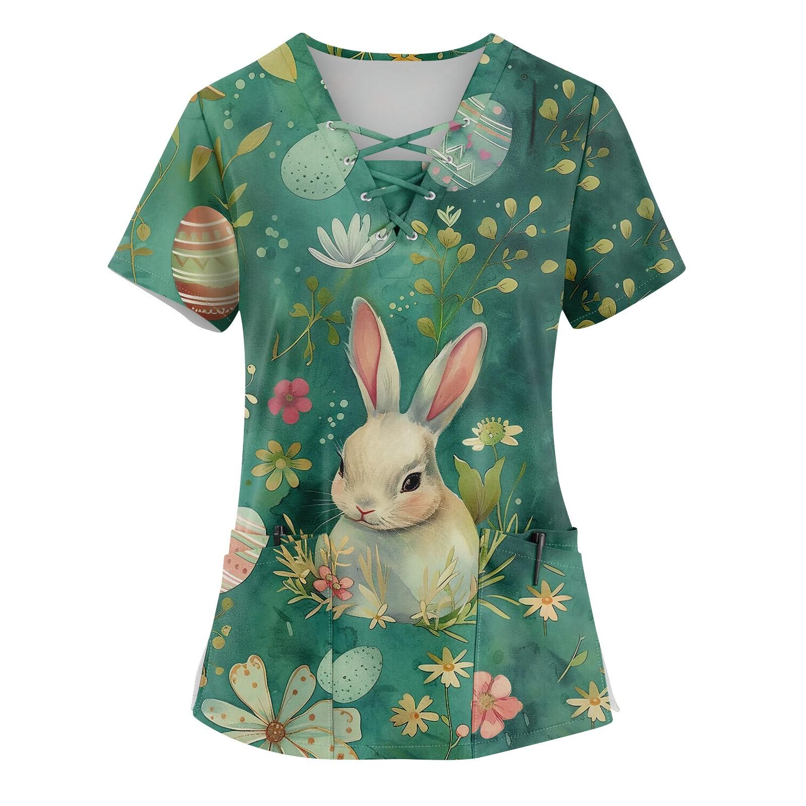 

Жіночий топ з коротким рукавом, V-подібним вирізом, куліскою, принтом великоднього кролика та яйця, з кишенею L