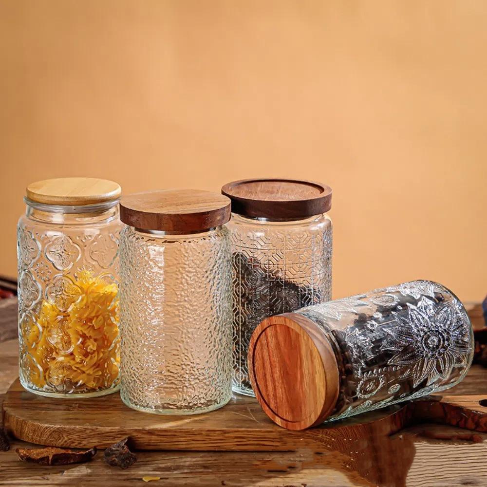 New 1000ML Storage Bottles Jars Embossed Pattern Glass Food Storage Containers with Wooden Lid Begonia Airtight Canister Kitchen
