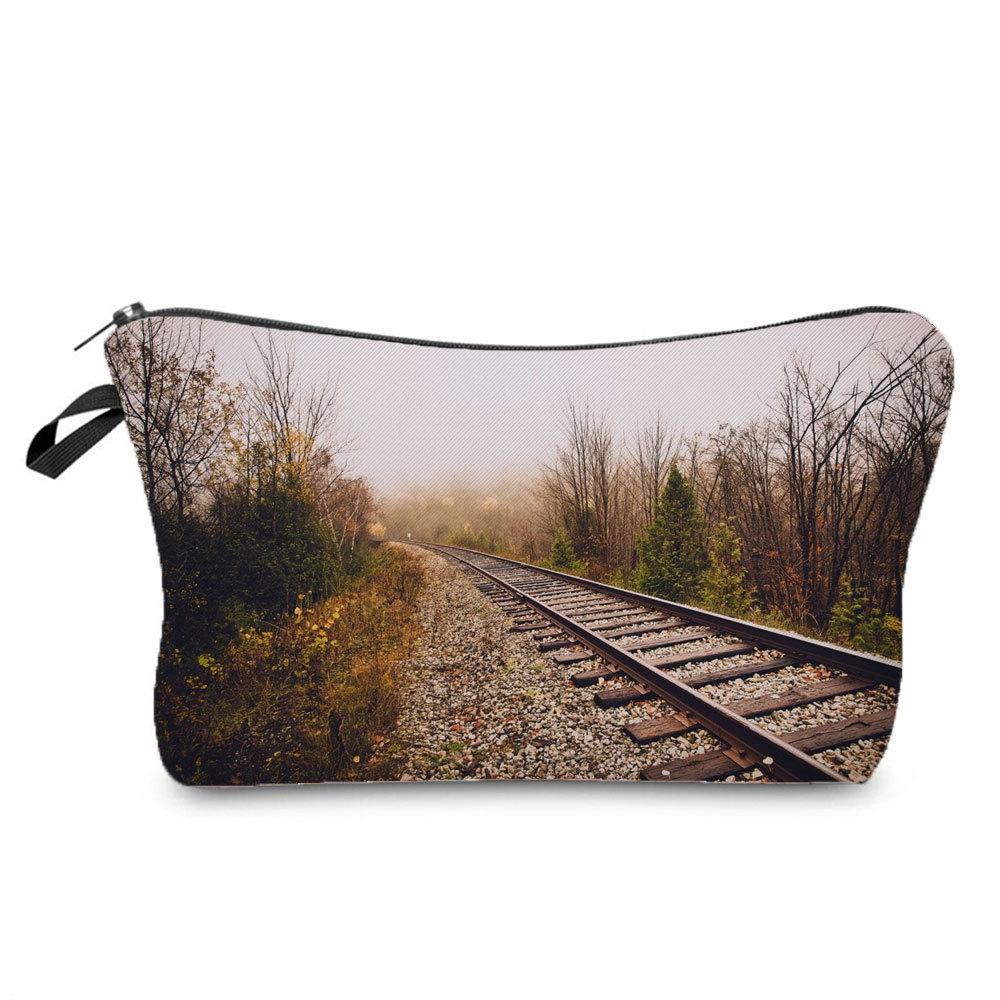 Women Railway Print Cosmetic Bag Toiletries Organize Travel Storage Case 6782