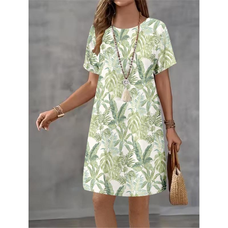 Women Summer Dress Fashionable Style Flower Print Casual Short Sleeved Round Neck A-line Dress Street Style Elegant Mini Dress