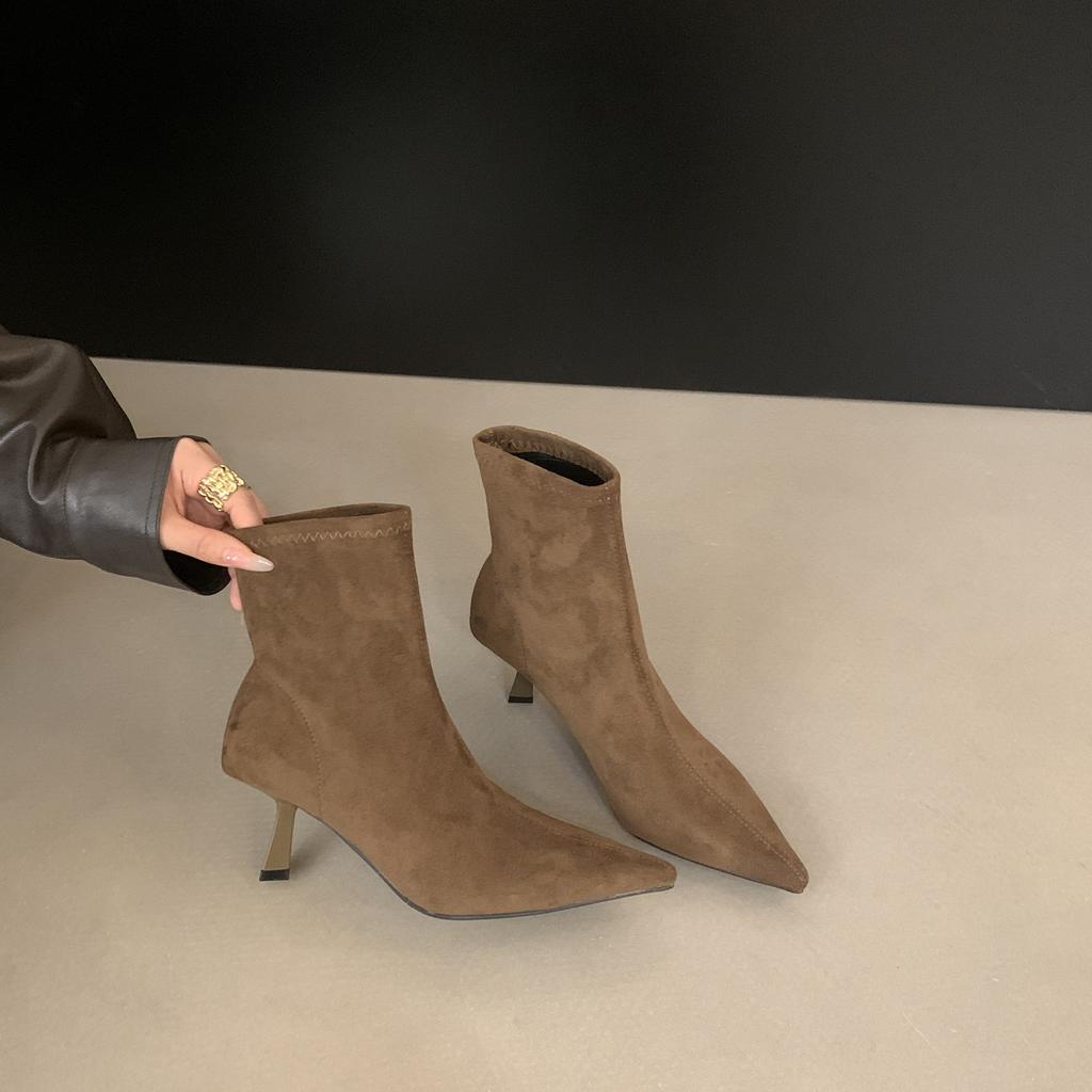 French retro suede high-heeled boots women's short boots new autumn and winter temperament pointed thin heels thin boots bare boots