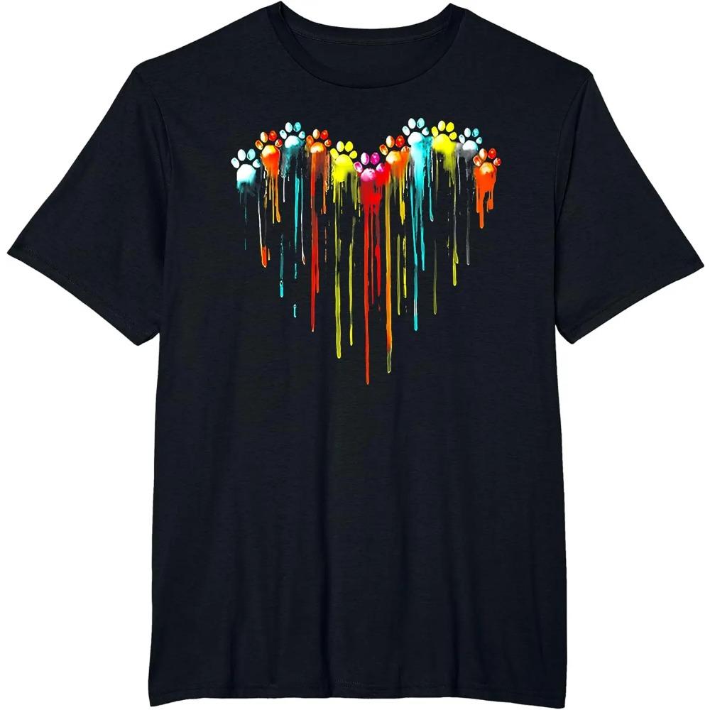 Colorful Dog Paw Heart Print T-Shirt