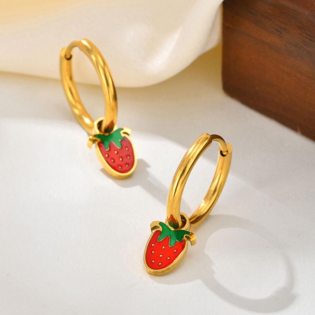 Cute Strawberry Cherry Hoop Earrings for Women Girls,18K Gold Plated Stainless Steel Earrings,Trendy Jewelry Gift