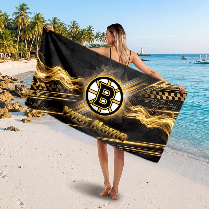 Boston Bruins Customized Name Text Beach Towel, Soft Absorbent Towel Beach Pool Travel Personal Gift