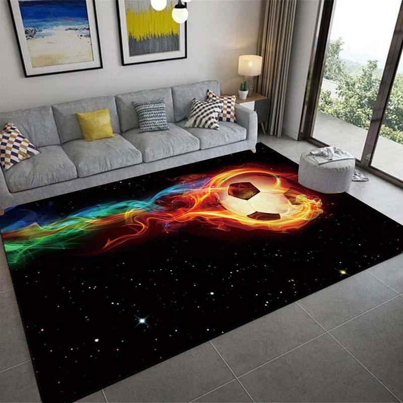 Sports Passion Rugs Football Basketball Flames Splash Effects with Gray Sofa Colorful Pillows Modern Living Room Decor