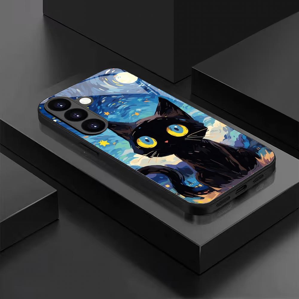 Starry Sky Cat Tempered Glass Phone Case Suitable for Samsung Galaxy S26 S25 S24 S23 S22 S20 FE/Ultra/Plus Anti Drop Back Cover