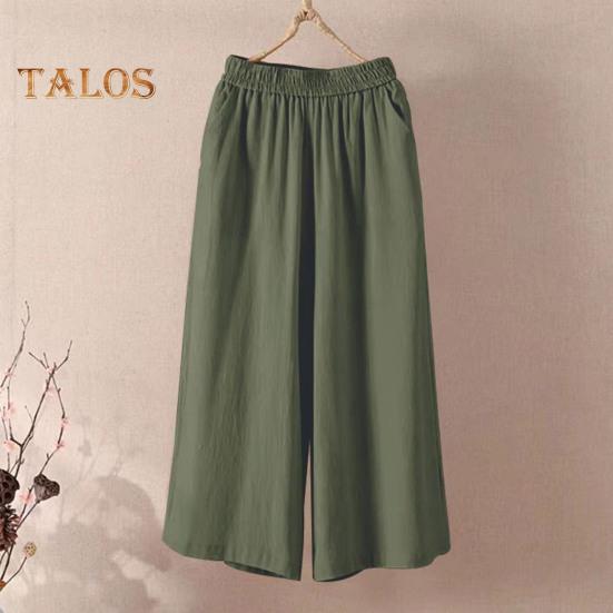 Pantaloni tăiați pentru femei, cu talie elastică, cu talie mijlocie, cu picior largi, cu buzunare, de culoare uni, pantaloni ocazionali, cu tăiere lejeră