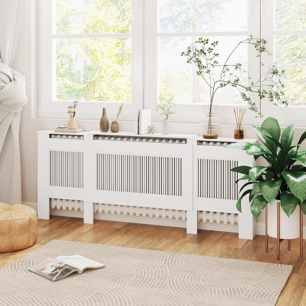 Radiator Cover, Slatted Design, Adjustable Length 125-201 Cm, MDF, White