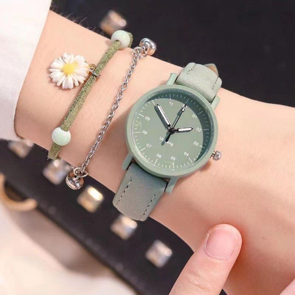 Solid Colo Girls Leather Wrist Watch Classic Women's Quartz Watch Clock Candy Color   Gift