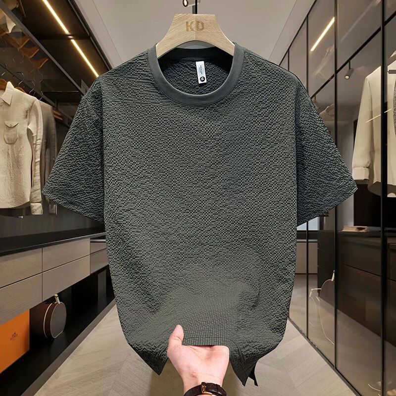 Ice Silk Men T-shirt Short-sleeved High-end New Light Luxury High-quality Solid Color Bubble Yarn Texture Round Neck Hand Towel