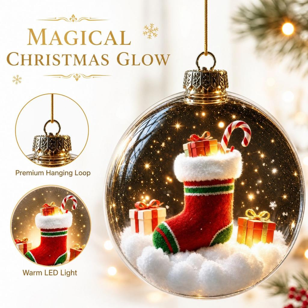 Clear Christmas Ball Ornament with Light Up 3D Ice, Christmas Tree Hanging Decoration for Holiday
