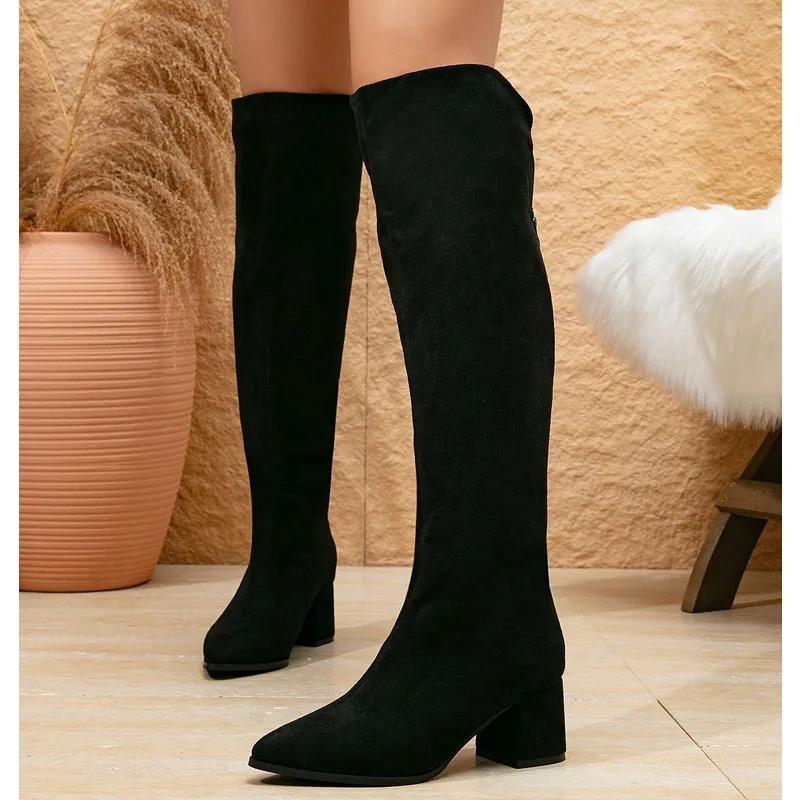 Winter Round Toe Women Over The Knee Long Boots Shoes Concise Zipper Square Heels Ladies Modern  De Mujer