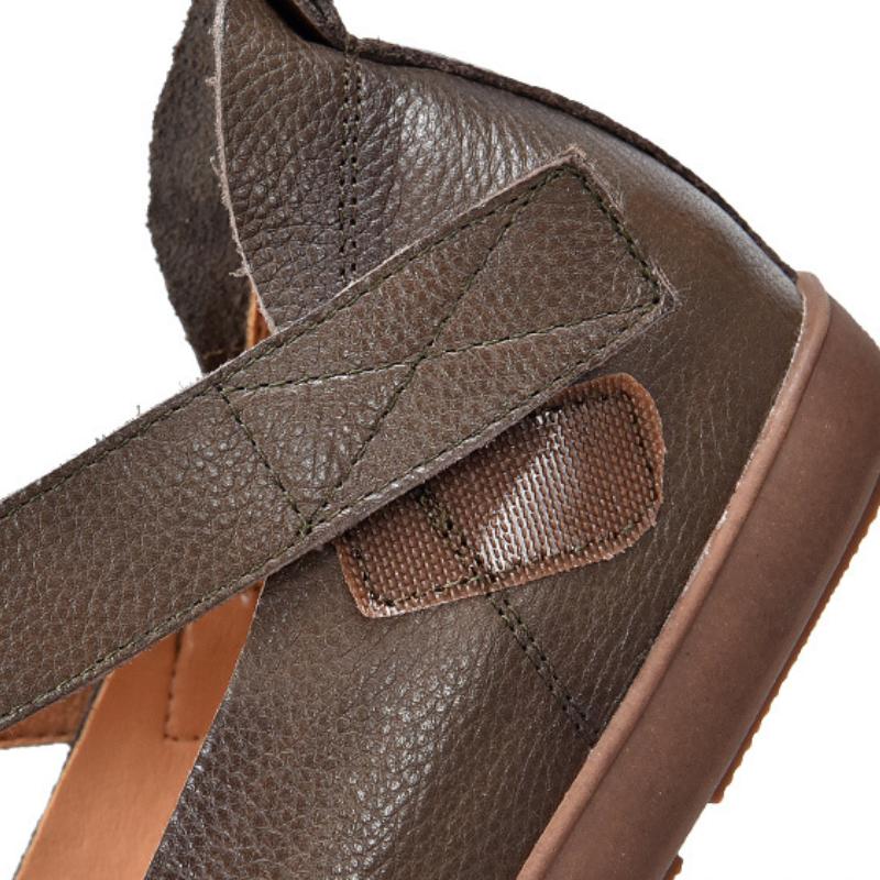 Johnature Retro Genuine Leather Square Toe Flat Shoes Soft Sole Handmade Solid Color Women's Shoes