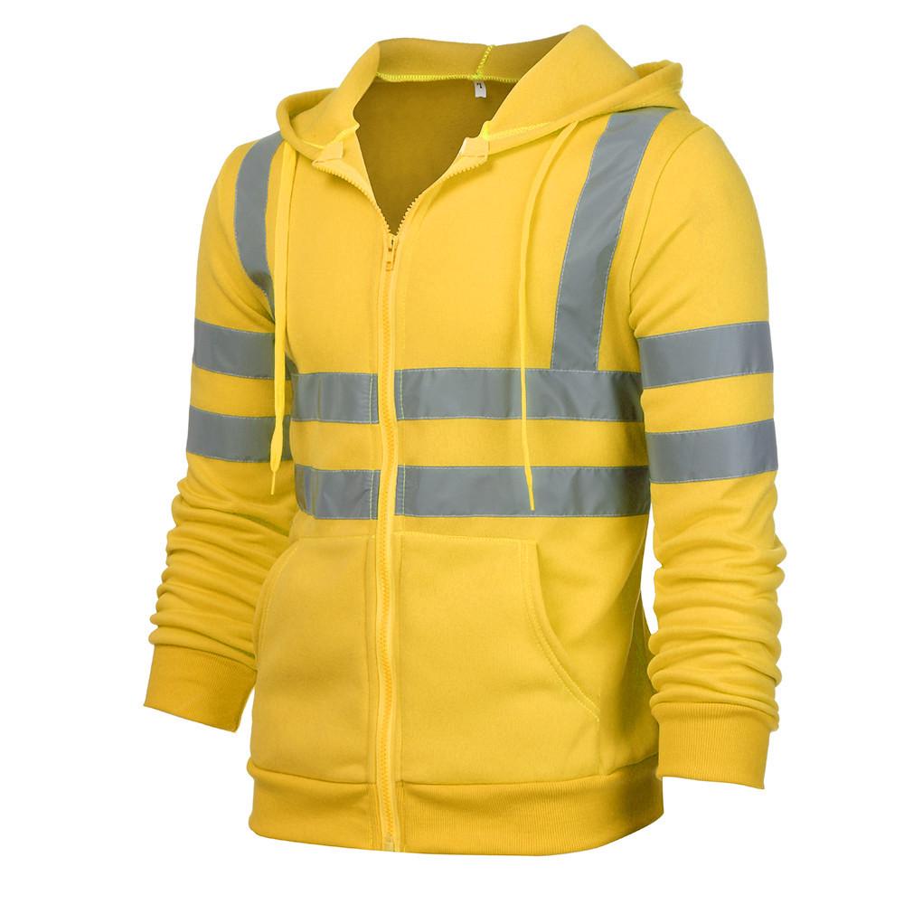 Fleece-lined Outdoor Sanitation Workwear Men's High Visibility Reflective Strip Zipper Hooded Sweatshirts