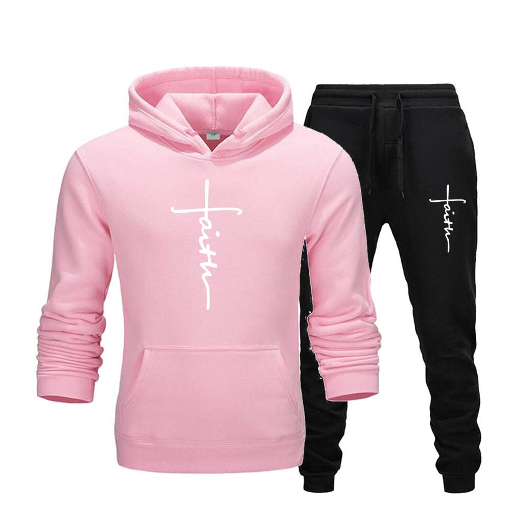 "Faith" Men's Casual Sports Hooded Sweatshirt +Drawstring Pants 2 Pieces Sets  Letter Print Sweatshirt Fleece Hoodie Set Men's