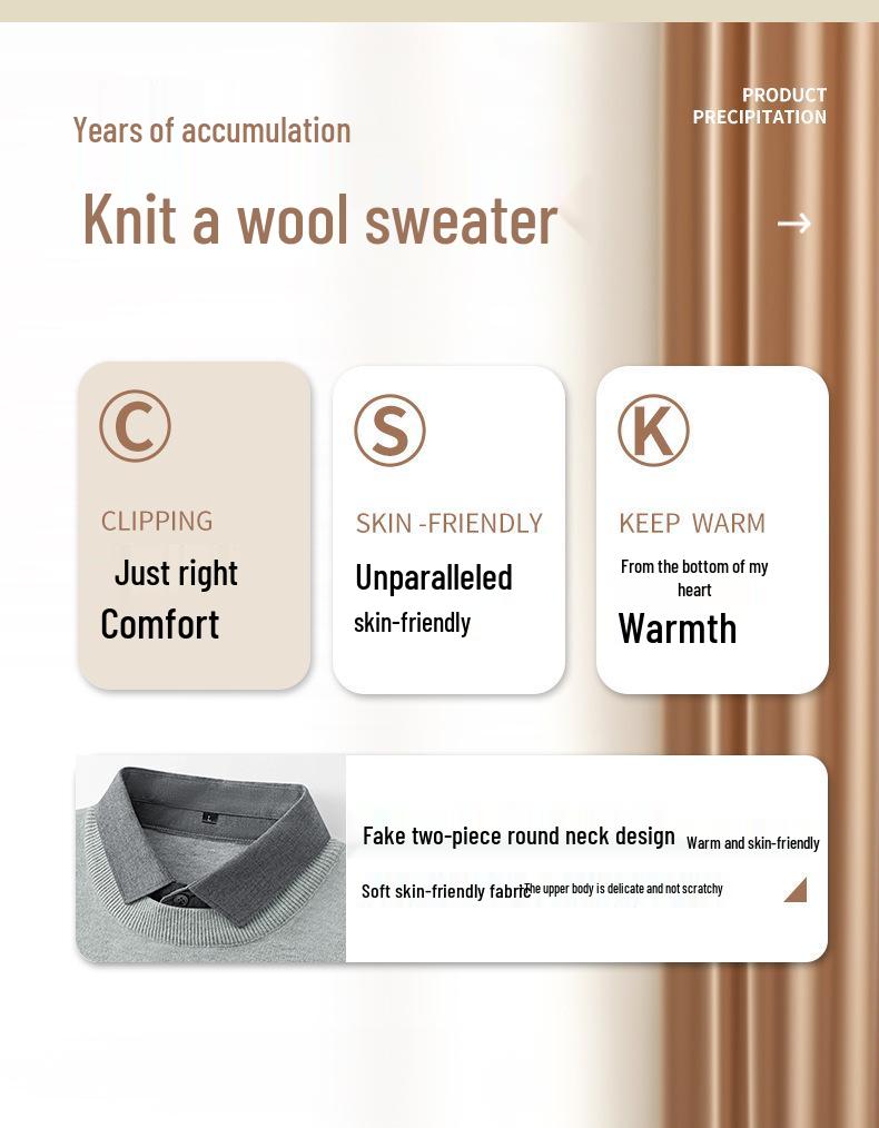 Men's Wool Modal Faux Two-Piece Lapel Sweater: New Autumn/Winter Warm Knit Base Layer Top