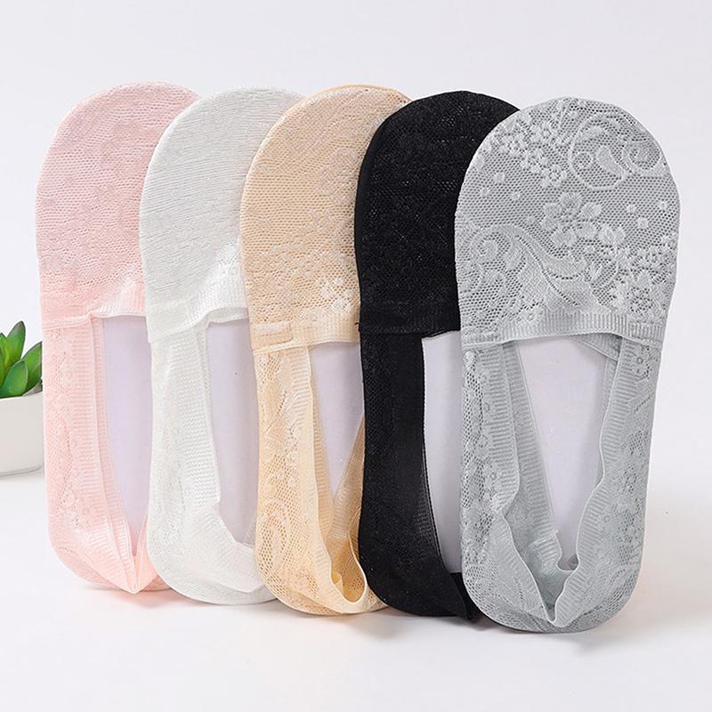 

5 пар женских летних кружевных жаккардовых силиконовых нескользящих не оставляющих следов коротких носков-лодочек с глубоким вырезом One Size