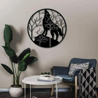 1ks Wolf Metal Wall Art – Tree & Mountain Design, současná socha pro rustikální nástěnnou výzdobu kabiny a kanceláře