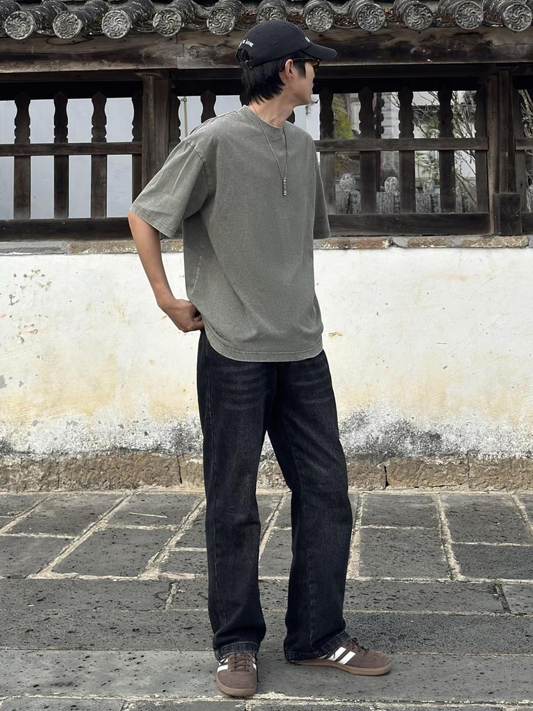 2025SS Fashion 8oz Clothes [CHANGE WELL] Men's Vintage-style Spring/Summer [Washed] Short-sleeved T-shirt Cut-and-sew (GREEN, L)