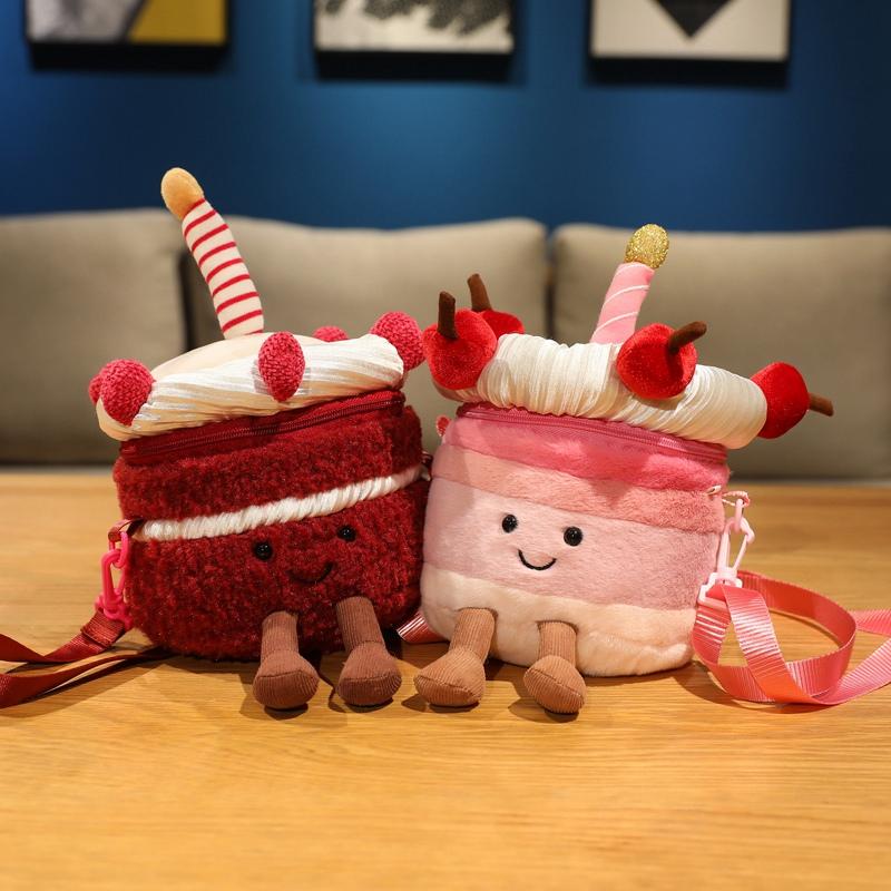 Creative Pink Cherry Cake Backpack Cream Fruit Cake Plush Bag Toy Simulation Kids Baby Birthday Cake Doll Gifts Home Decoration