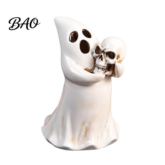 Decorative Light Holder Halloween Ghost Figurine with Skull, Resin Statue for Tabletop Decor, Retro Craft Gothic Ornament Home Desktop Window