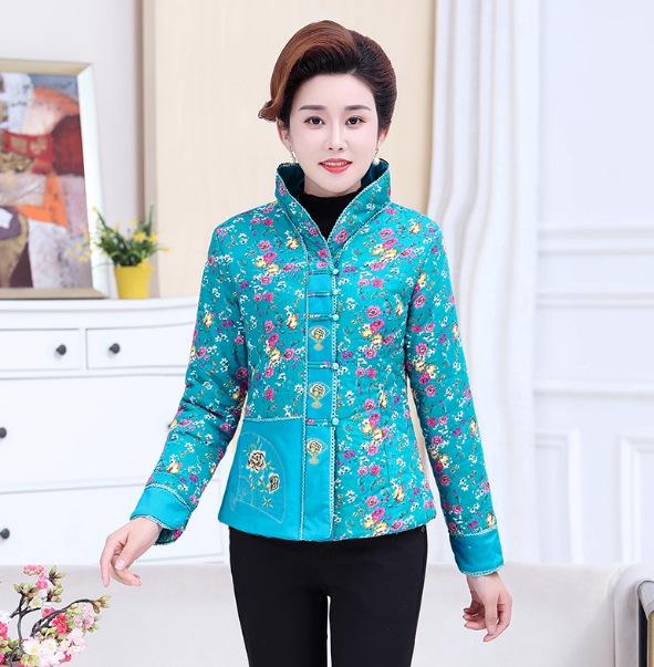 

Этнический стиль мамы, костюм Тан с воротником-стойкой: Осенне-зимняя приталенная хлопковая куртка для женщин среднего и пожилого возраста 4XL