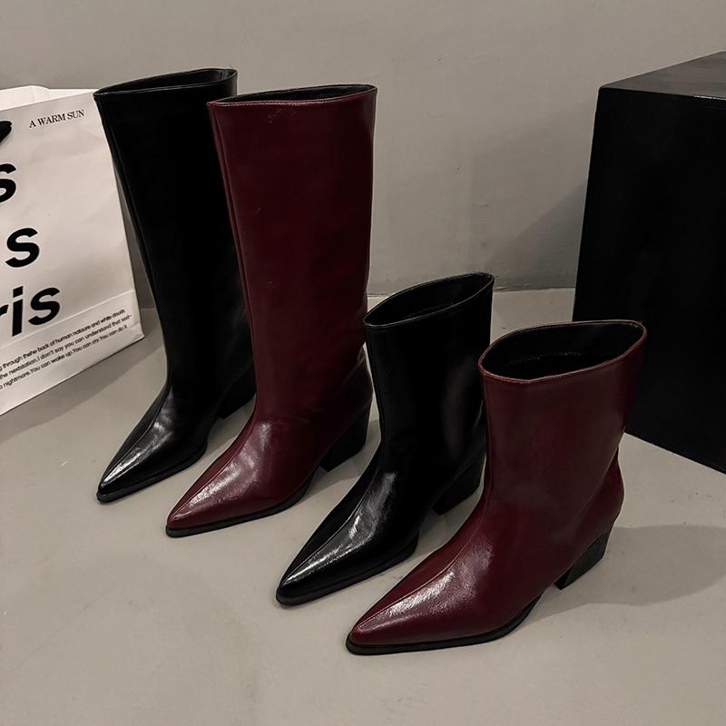 Fashion New Women's Leather Kitten Heel Square Toe Slip-on Autumn Knee High Boots Casual Female Long Boots Shoes Knee-High Boots