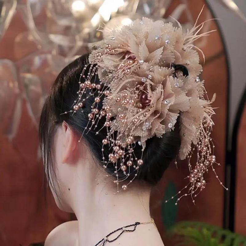 1PC Elegant Mesh Flower Hair Clip For Women Elegant Pearl Tassel Shark Clip Fashion Girl Ponytail Clip Hair Accessories