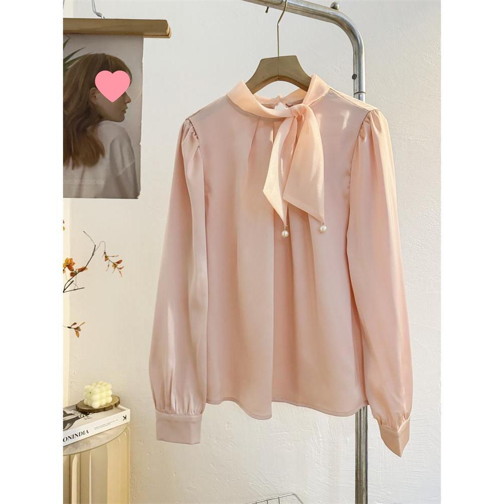 Women s Spring 2025 French Satin Bow Shirt - Long Sleeve, Elegant, Drapey Fit S