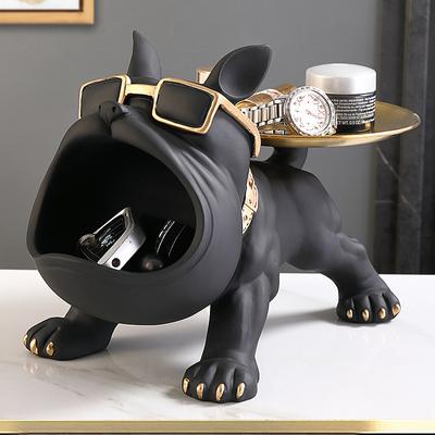Resin Cool Dog Sculpture Bull-dog Decorative Figurine Storage Tray Coin Bank Entrance Key Snack Holder Modern Art Statue Home