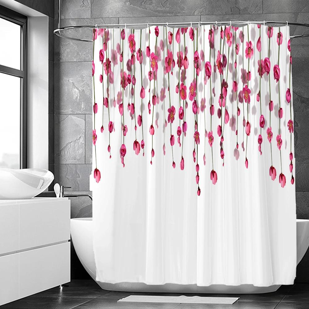 Elegant Flowers Shower Curtain 180x180cm Floral Shower Curtain Polyester Bath Curtain Bathroom Decor Machine Washable With Hooks