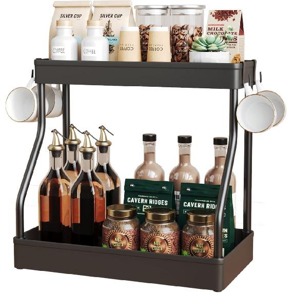 Coffee Stand Station Organizer for Countertop, Spice Rack for Counter, Kitchen Countertop Organizer Shelves with 4 Hooks,2 Tier (Large)