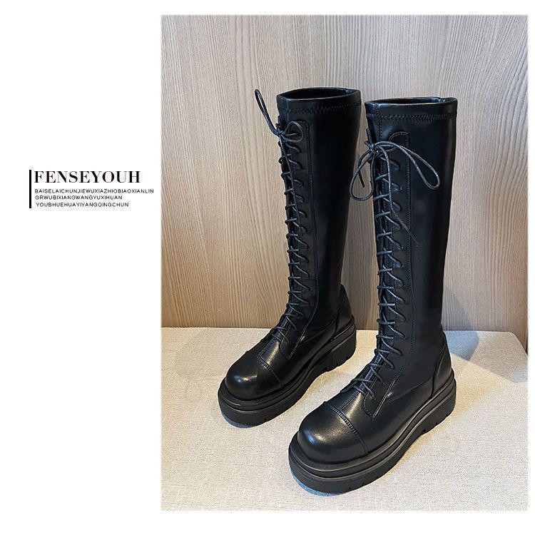 Women's Black Leather Thigh-High Lace-Up Platform Boots - Over-the-Knee, Height-Enhancing, Riding Martin Style