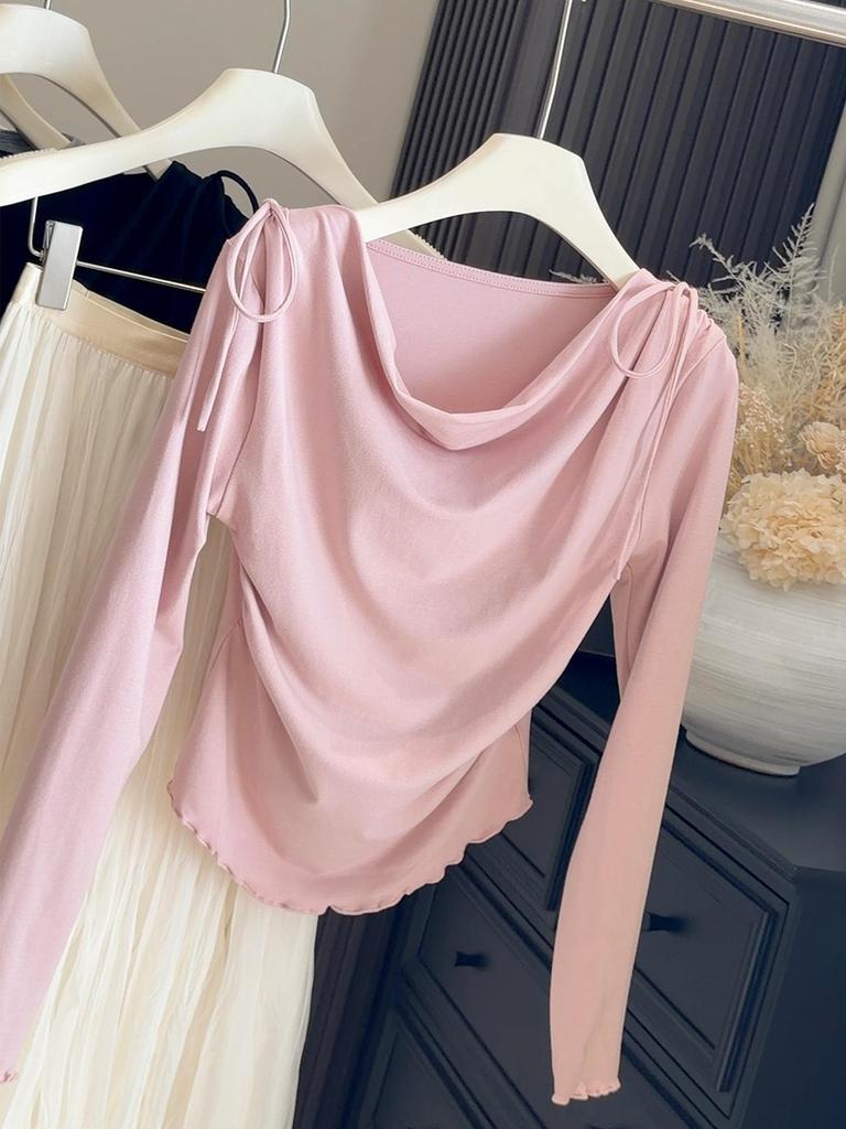 Korean Style Elegant Waist-Cinched Long-Sleeve Flowy Collar T-Shirt for Women - Slim-Fit Spring New Arrival