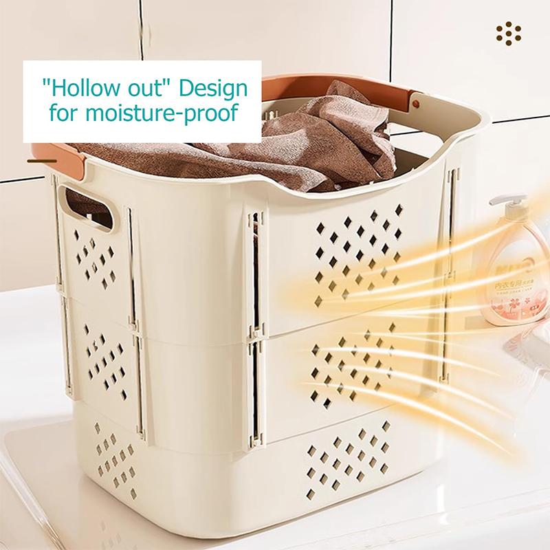 Collapsible Plastic Laundry Basket with Handles and Side Containers - Space-Saving Laundry Basket for Laundry Rooms, Bathrooms,