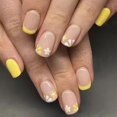 24 Stück Kurze Quadratische Falsche Nägel Blumen Künstlicher Nagel Gelb Französische Spitze Aufkleben Nagel Glänzend Aufdrücknagel für Frau