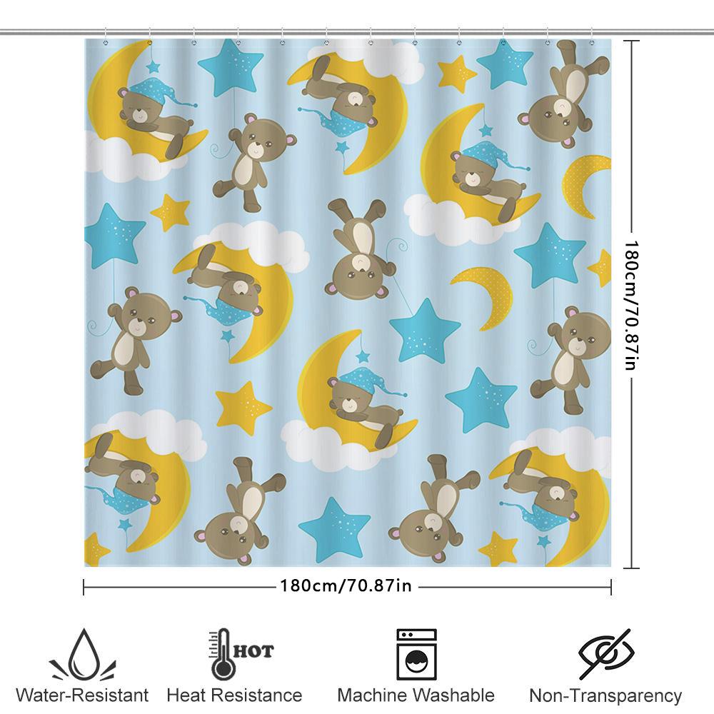 Blue Dream Kids Shower Curtain Set Teddy Bears Sleep On Clouds Stars with Moon Design for Bathroom Decor In Pastel Colors