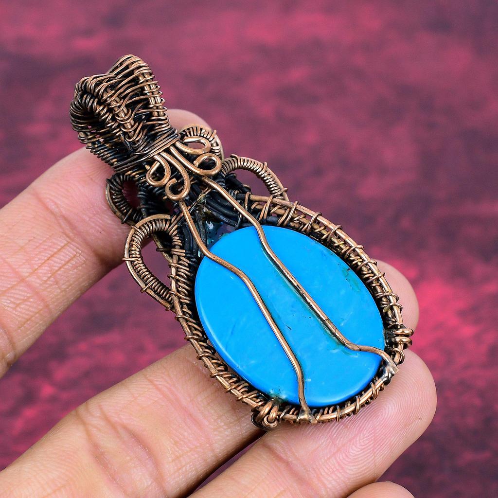 Sleeping Beauty Turquoise Pendant Copper Wire Wrapped Jewelry London Blue Topaz Gemstone Pendant