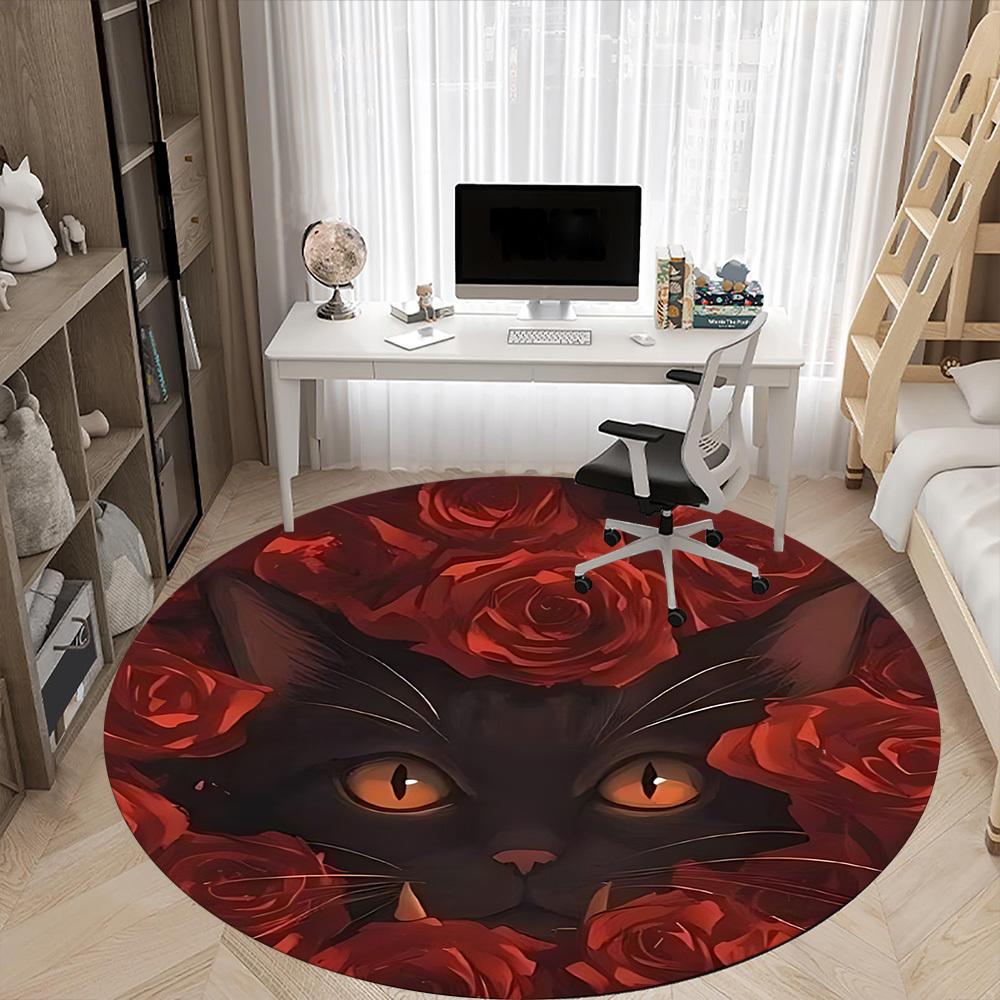 1pc Black Cat Roses Chair Carpet for Office, Round Non Slip Durable Large Size Office Carpet, Suitable for Office