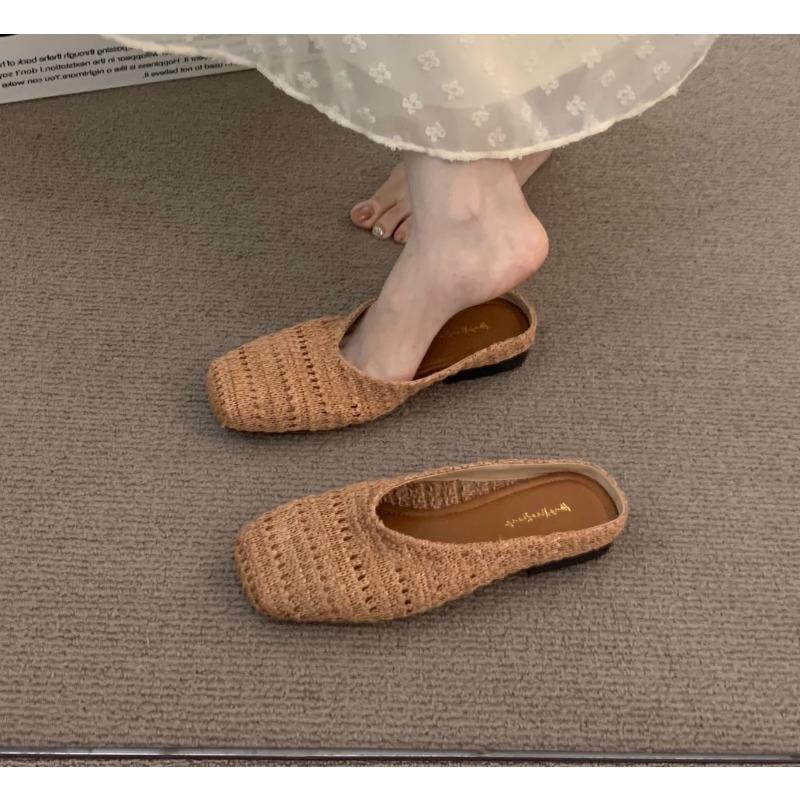 

Fashion Weave Women Flats Slippers Elegant Shallow Mules Shoes Summer New Fashion Flip Flops 2025 Walking Cozy Soft Sandalias De Mujer 40 коричневый