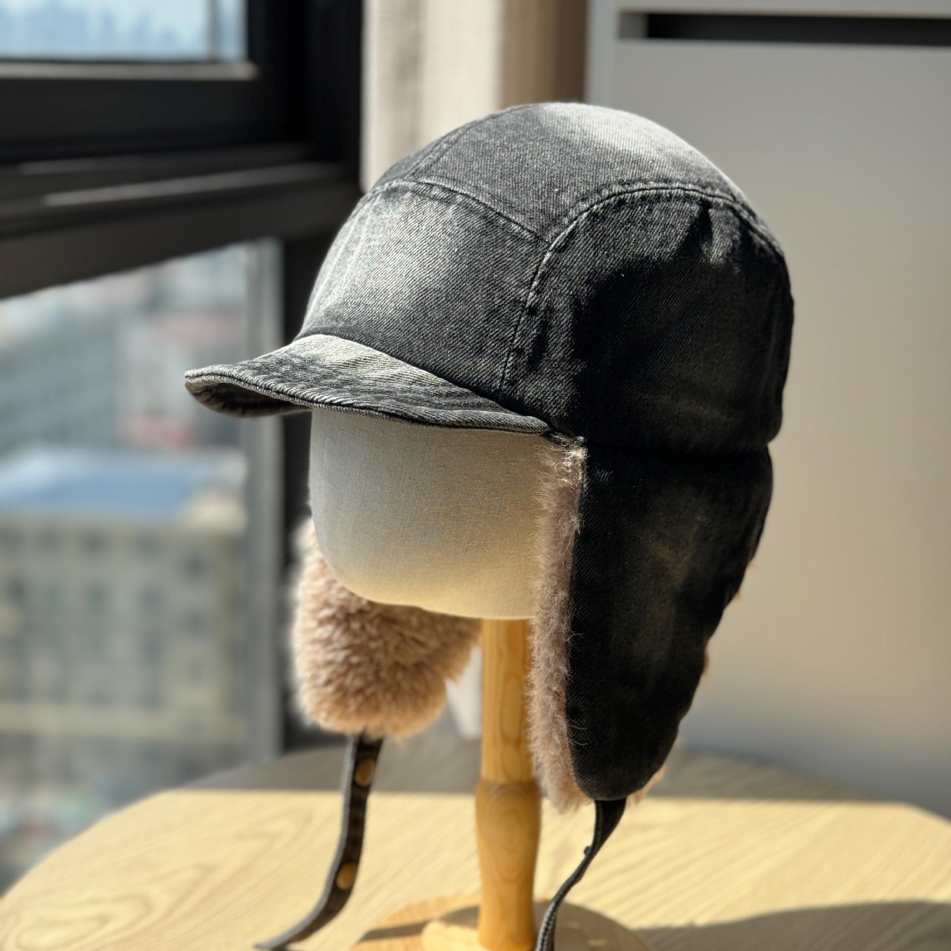 New denim aviator hat, outdoor thickened warm ski flight hat, women s winter plush water-resistant ear protection hat, men s Adult54-60Average Size чёрный