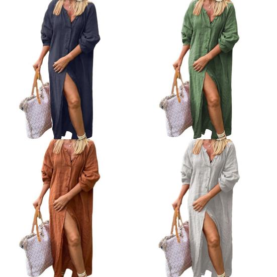 Women Maxi Dress Single-breasted Solid Color Stand Collar Long Sleeves Buttons Loose Vintage Soft Lady Ankle Length Long Dress