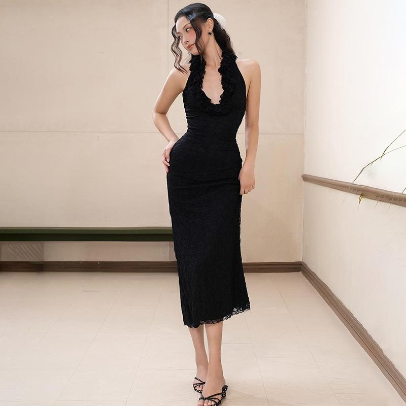 European and American style 2026 summer new women s clothing neck deep V-neck fungus edge lace hollow slim dress S чёрный